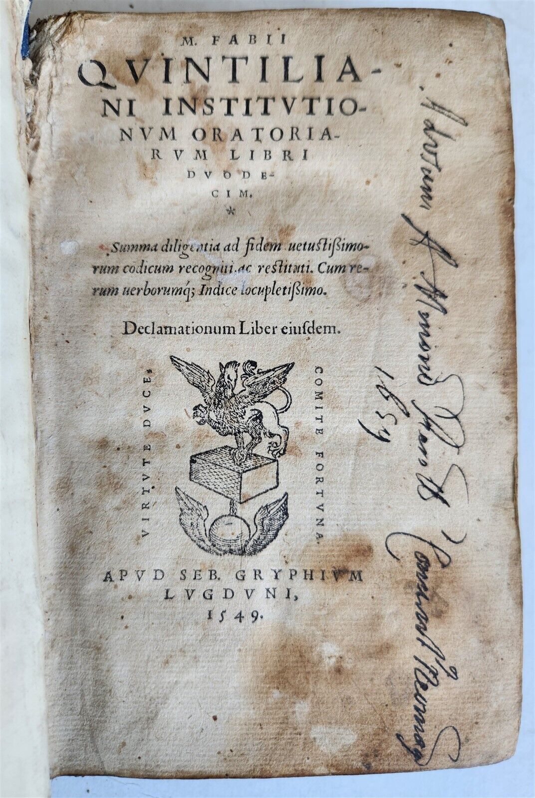 1549 M. Fabii Quintiliani Institutionum oratoriarum antique 16th CENTURY
