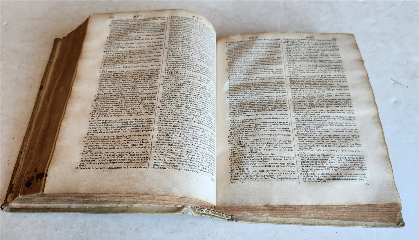 1710 LATIN FRENCH DICTIONARY antique w/ BLIND STAMPED VELLUM BINDING