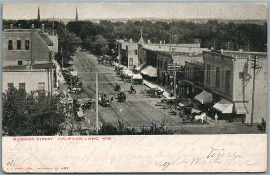DELEVAN LAKE WI BUSINESS STREET ANTIQUE POSTCARD