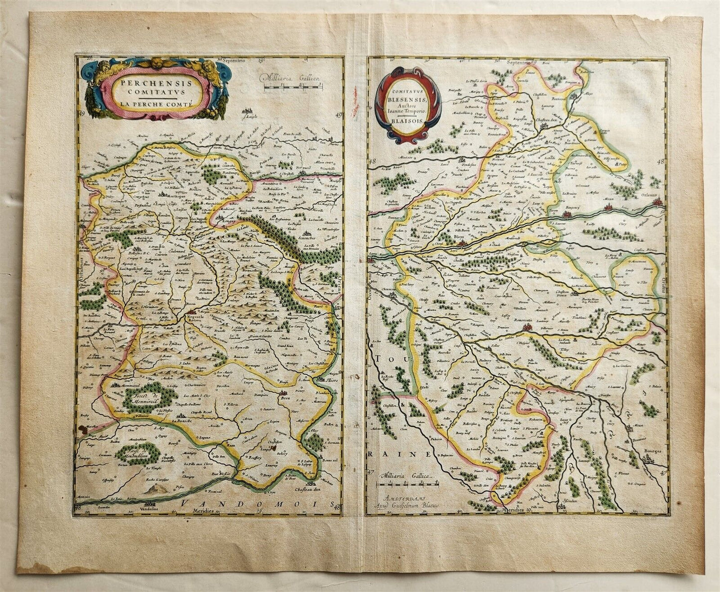 1640 MAP of FRANCE LA PERCHE by WILLEM BLAEU antique AUTHENTIC hand colored