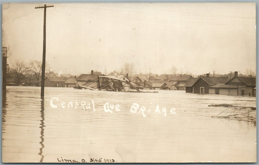 LIMA OH 1913 FLOOD CENTRAL AVE BRIDGE ANTIQUE REAL PHOTO POSTCARD RPPC