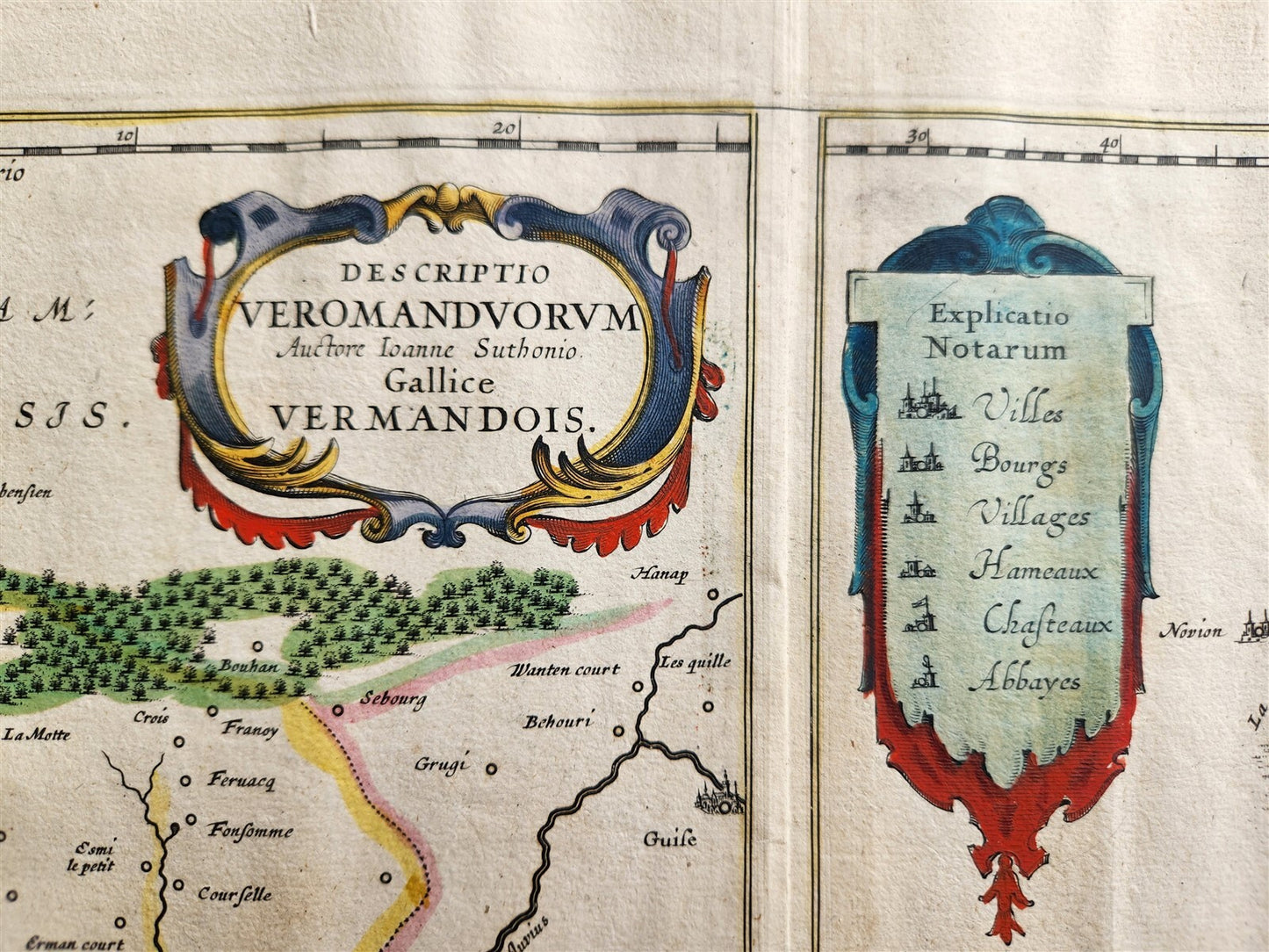 1640 MAP of Vermandois FRANCE by WILLEM BLAEU antique AUTHENTIC hand colored