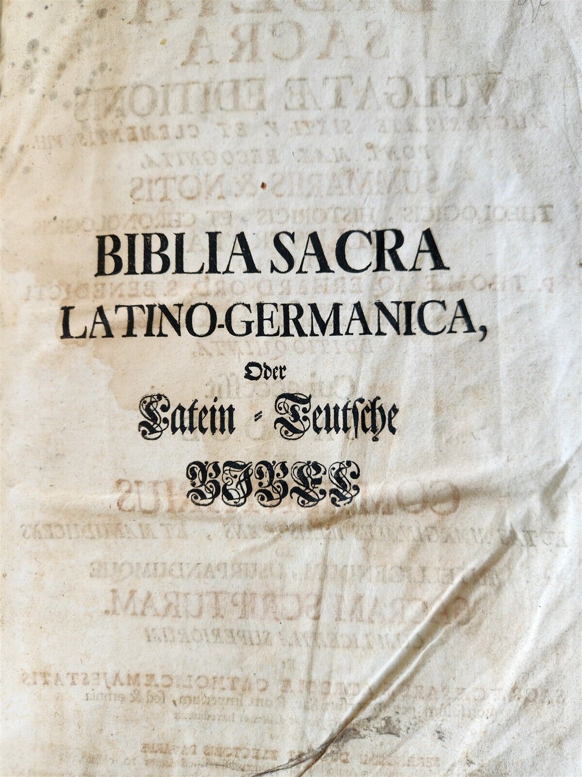1737 BIBLE in GERMAN & LATIN antique MASSIVE FOLIO PIGSKIN BOUND 10 x 15"