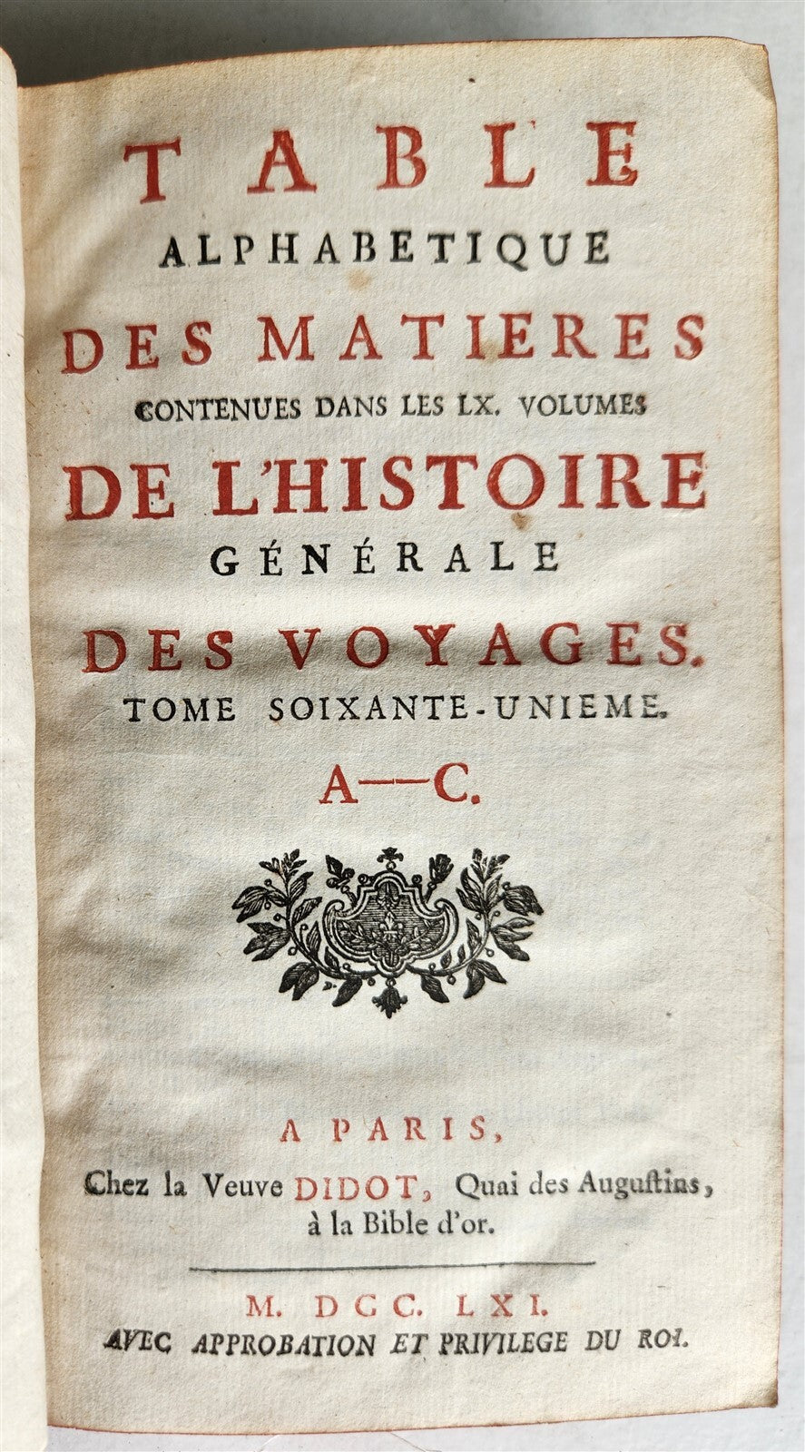 1761 HISTOIRE des VOYAGES antique vol.61 ALPHABETICAL INDEX A-C