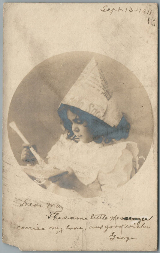 CUTE LITTLE GIRL ARTIST in NEWSPAPER HAT ANTIQUE REAL PHOTO POSTCARD RPPC