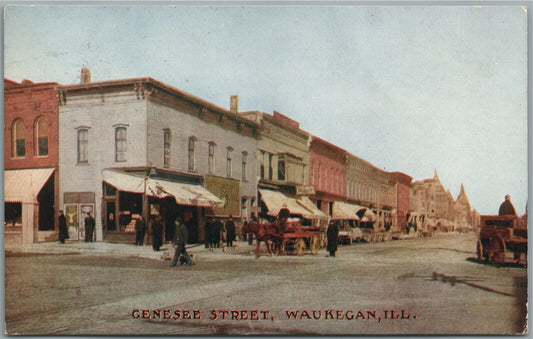 WAUKEGAN IL GENESSEE STREET ANTIQUE POSTCARD