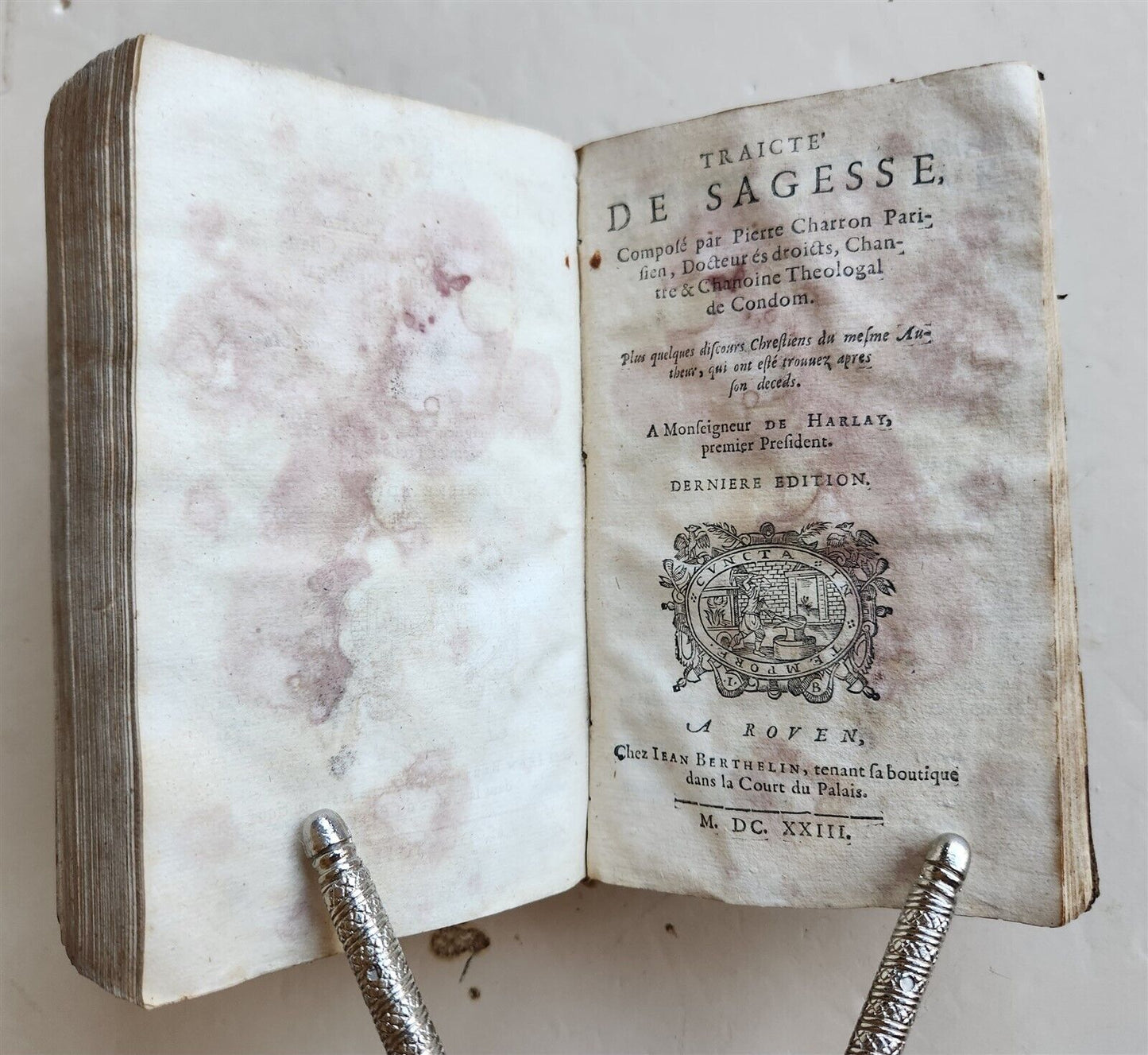 1623 French neo-skepticism by PIERRE CHARRON antique DECORATIVE BINDING