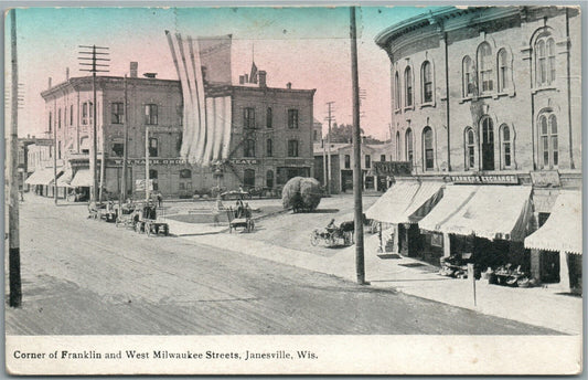 JANESVILLE WI CORNER OF FRANKLIN & WEST MILWAUKEE STREETS ANTIQUE POSTCARD
