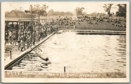 FT. BENJ. HARRISON IN SWIMMING POOL military ANTIQUE REAL PHOTO POSTCARD RPPC