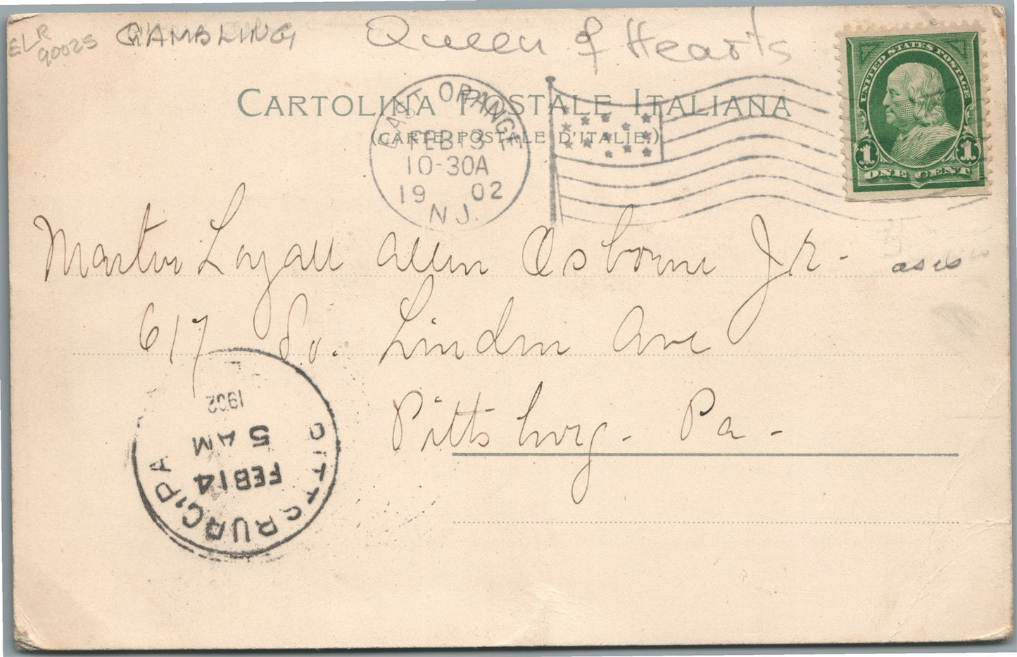 GAMBLING QUEEN of HEARTS VALENTINE ANTIQUE POSTCARD