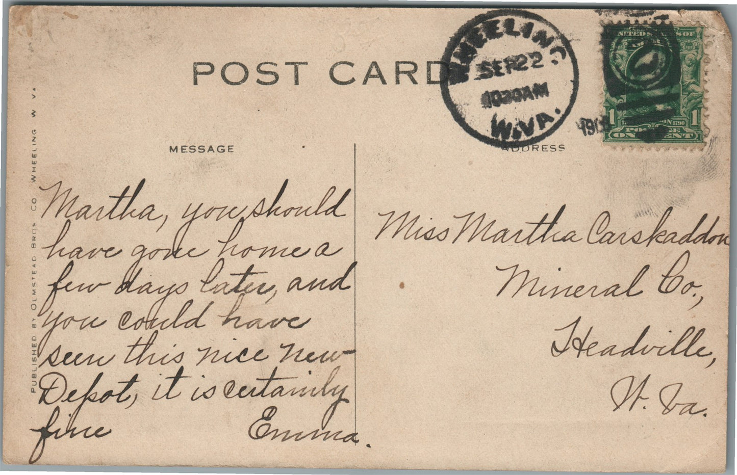 WHEELING WV RAILROAD STATION RAILWAY DEPOT ANTIQUE POSTCARD