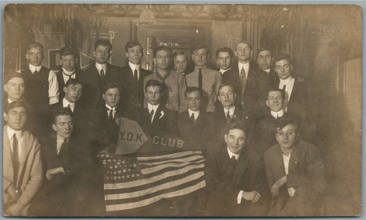 PATRIOTIC Y.D.K. CLUB GROUP w/ AMERICAN FLAG ANTIQUE REAL PHOTO POSTCARD RPPC