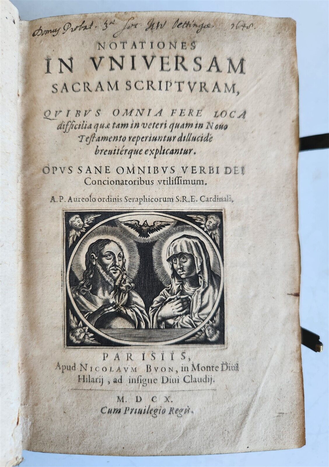 1610 BIBLE COMMENTARY by PETRUS AUREOLI antique BLIND STAMPED PIGSKIN w/ CLASPS