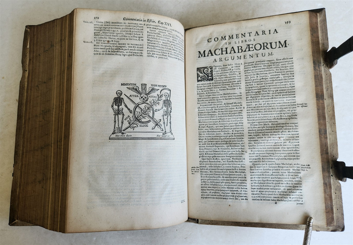 1716 COMMENTARIA in PROVERBIA SALOMONIS PIGSKIN BOUND FOLIO w/ CLASPS antique