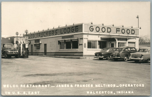 WALKERTON IN GAS STATION w/ TRUCK & RESTAURANT VINTAGE REAL PHOTO POSTCARD RPPC