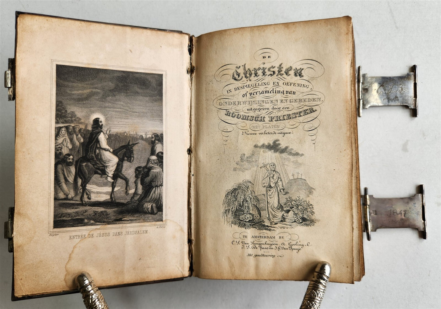 1843 DUTCH CHURCH BOOK antique w/ SILVER EDGES & CLASPS