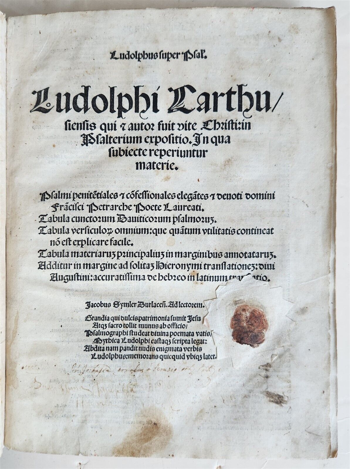 1521 POST-INCUNABULA COMMENTARY of PSALMS by Ludolph of Saxony antique VELLUM