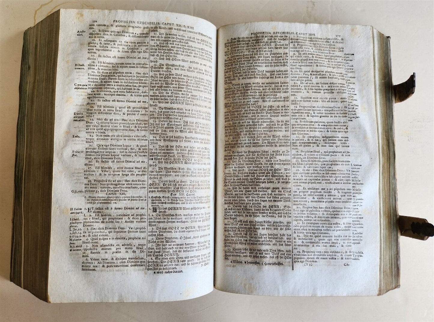 1737 BIBLE in GERMAN & LATIN antique MASSIVE FOLIO PIGSKIN BOUND 10 x 15"