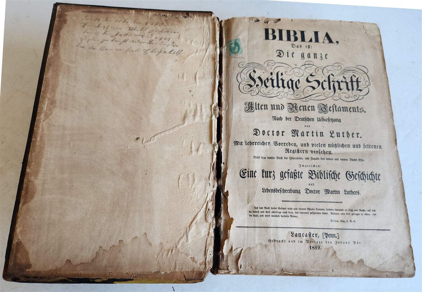 1819 BIBLE 1st Folio Ed PENNSYLVANIA GERMAN Lancaster PA JOHANN BAR antique RARE