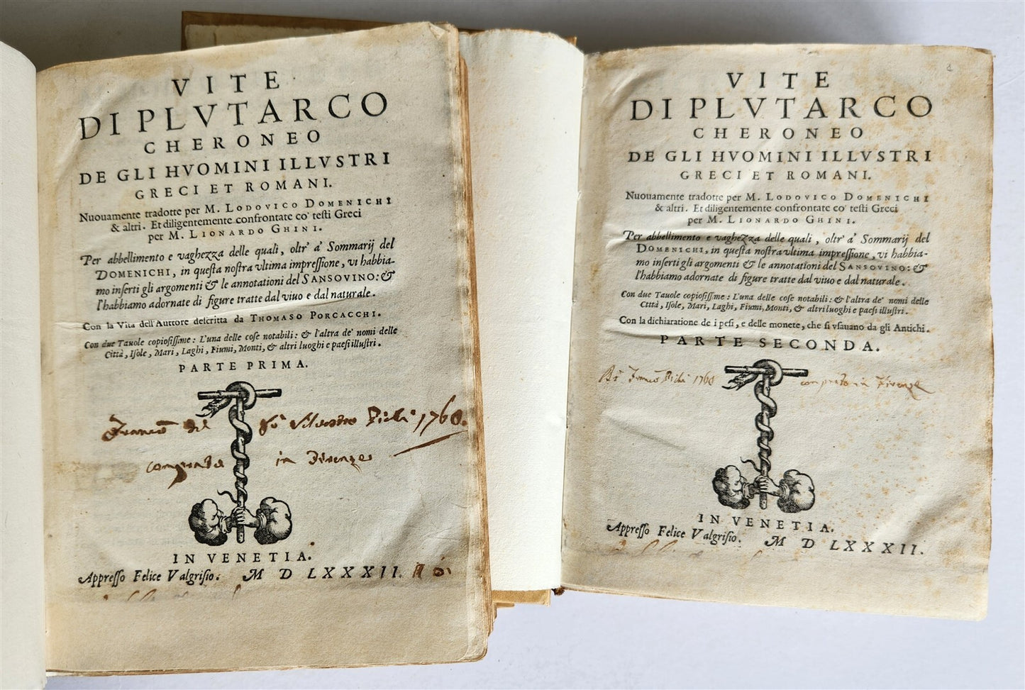 1582 PLUTARCH LIVES of ILLUSTRIOUS GREEK & ROMANS 2 VOLUMES antique ILLUSTRATED
