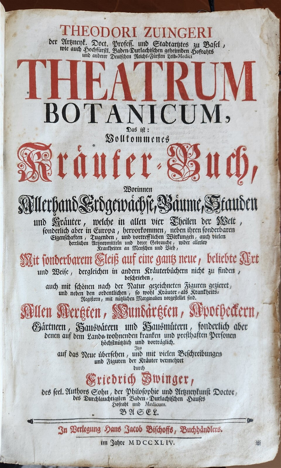 1744 THEATRUM BOTANICUM ILLUSTRATED GERMAN HERBAL antique PIGSKIN BOUND FOLIO