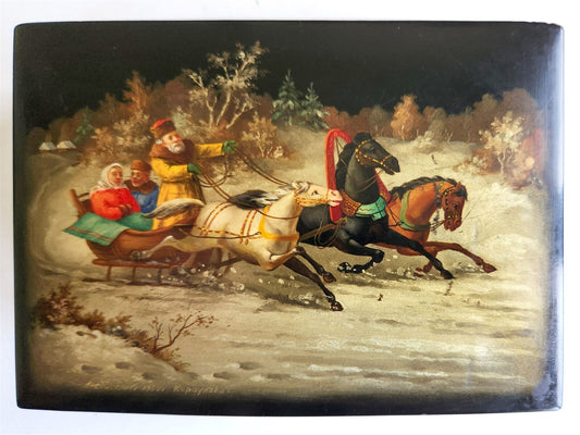 RUSSIAN FEDOSKINO SCHOOL VINTAGE LACQUER BOX - TROIKA dated 1960 ARTIST SIGNED