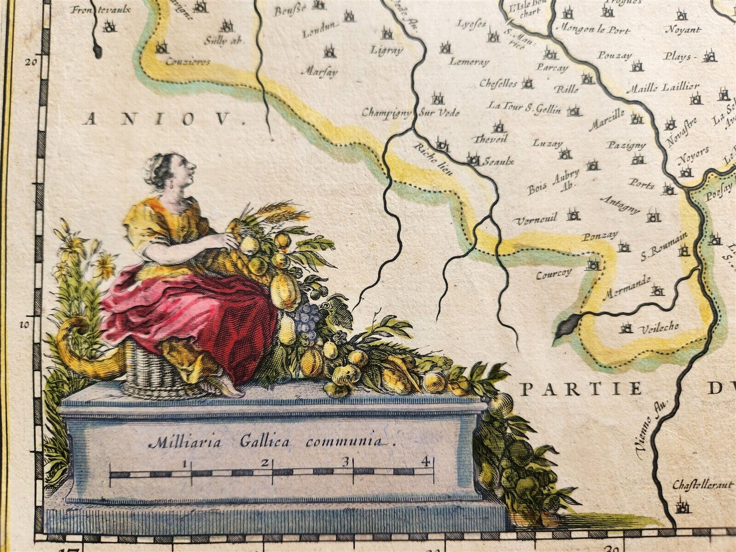 1640 MAP of FRANCE TOURAINE by WILLEM BLAEU antique AUTHENTIC hand colored