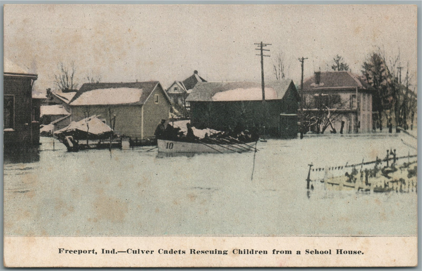 FREEPORT IN CULVER CADETS RESCUING CHILDREN FROM SCHOOL ANTIQUE POSTCARD