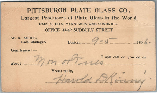 BOSTON MA PITTSBURGH PLATE GLASS CO. ANTIQUE POSTCARD