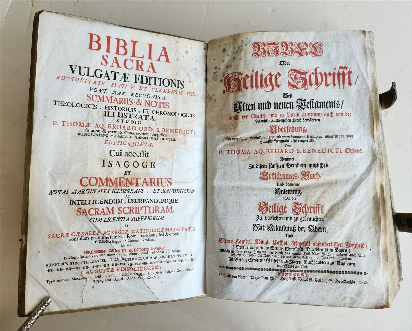 1737 BIBLE in GERMAN & LATIN antique MASSIVE FOLIO PIGSKIN BOUND 10 x 15"
