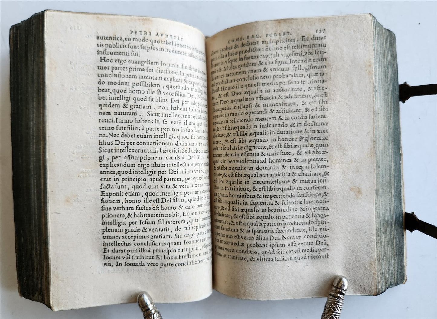 1610 BIBLE COMMENTARY by PETRUS AUREOLI antique BLIND STAMPED PIGSKIN w/ CLASPS