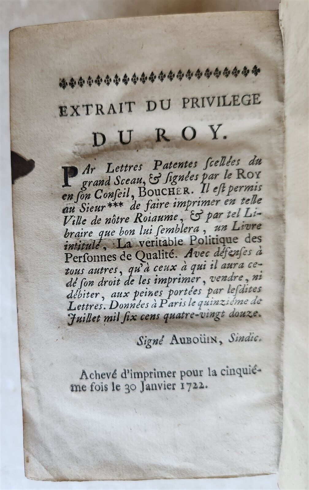 1722 DECORATIVE BINDING antique La veritable politique des personnes de qualite