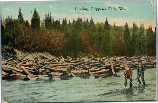 CHIPPEWA FALLS WI LOGGING ANTIQUE POSTCARD