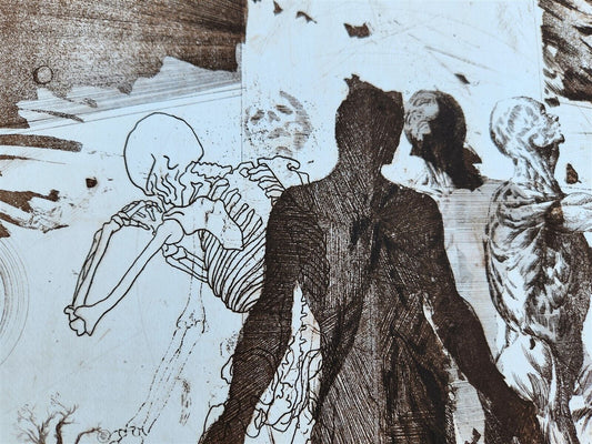 THE CREATION OF THE HUMAN RACE surreal PRINT vintage w/ SKELETON