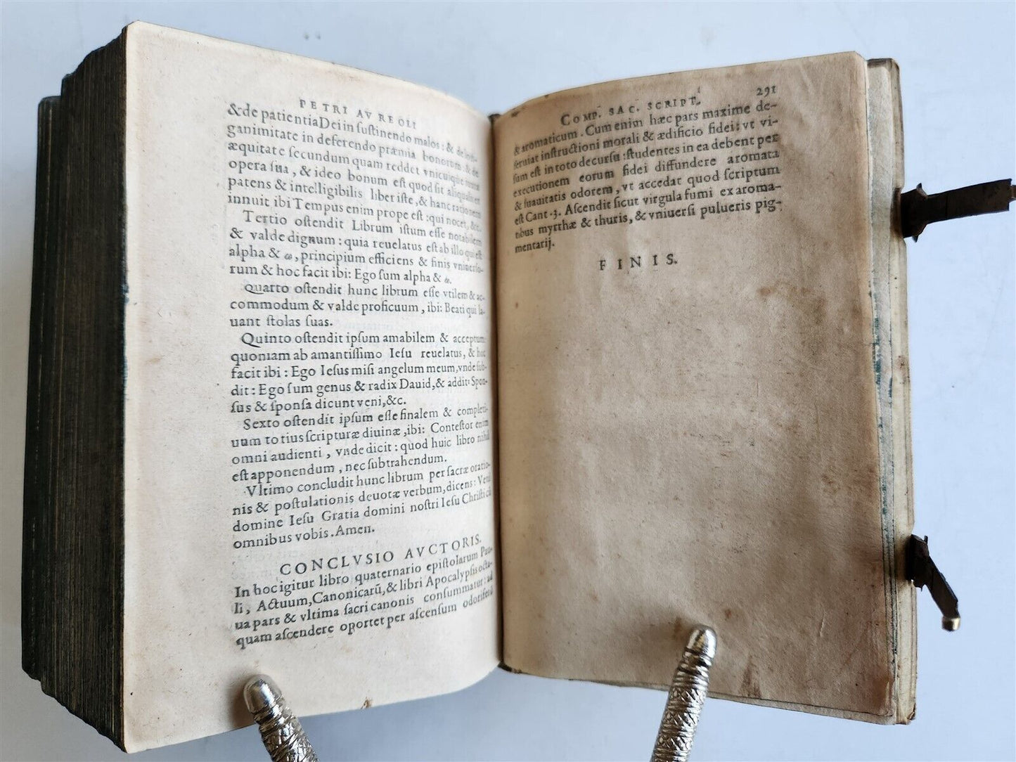 1610 BIBLE COMMENTARY by PETRUS AUREOLI antique BLIND STAMPED PIGSKIN w/ CLASPS