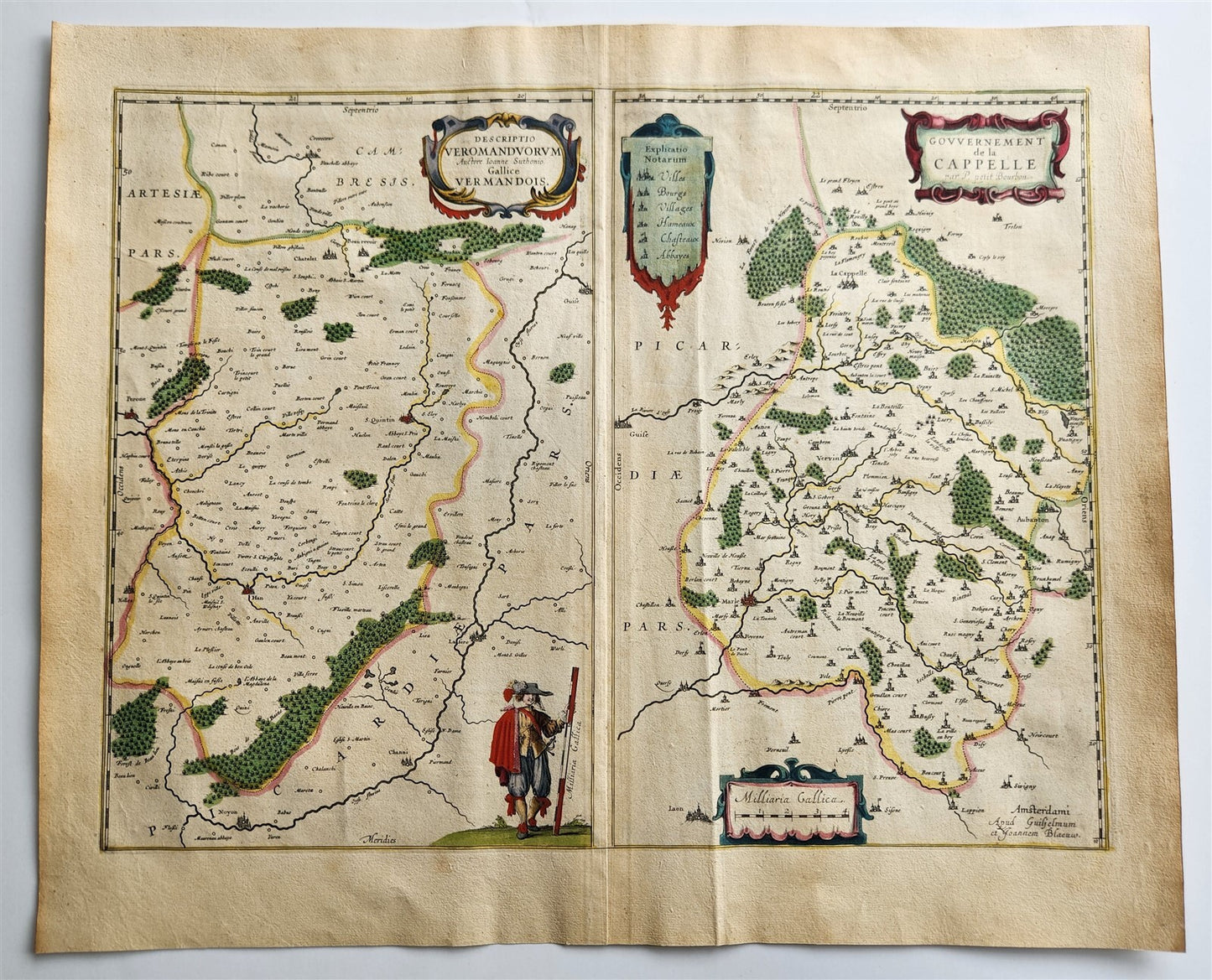 1640 MAP of Vermandois FRANCE by WILLEM BLAEU antique AUTHENTIC hand colored