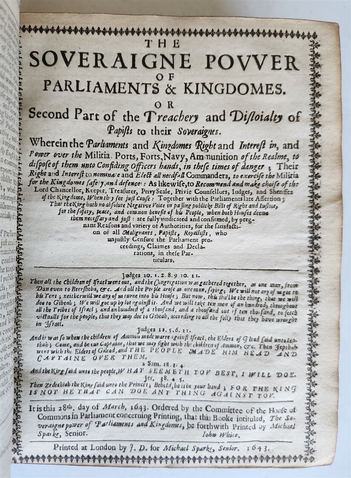 1643 TREACHERY & DISLOYALTY of PAPISTS to THEIR SOVEREIGNES antique in ENGLISH