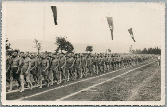 GERMAN WWII ERA military ATHLETS PARADE ANTIQUE REAL PHOTO POSTCARD RPPC