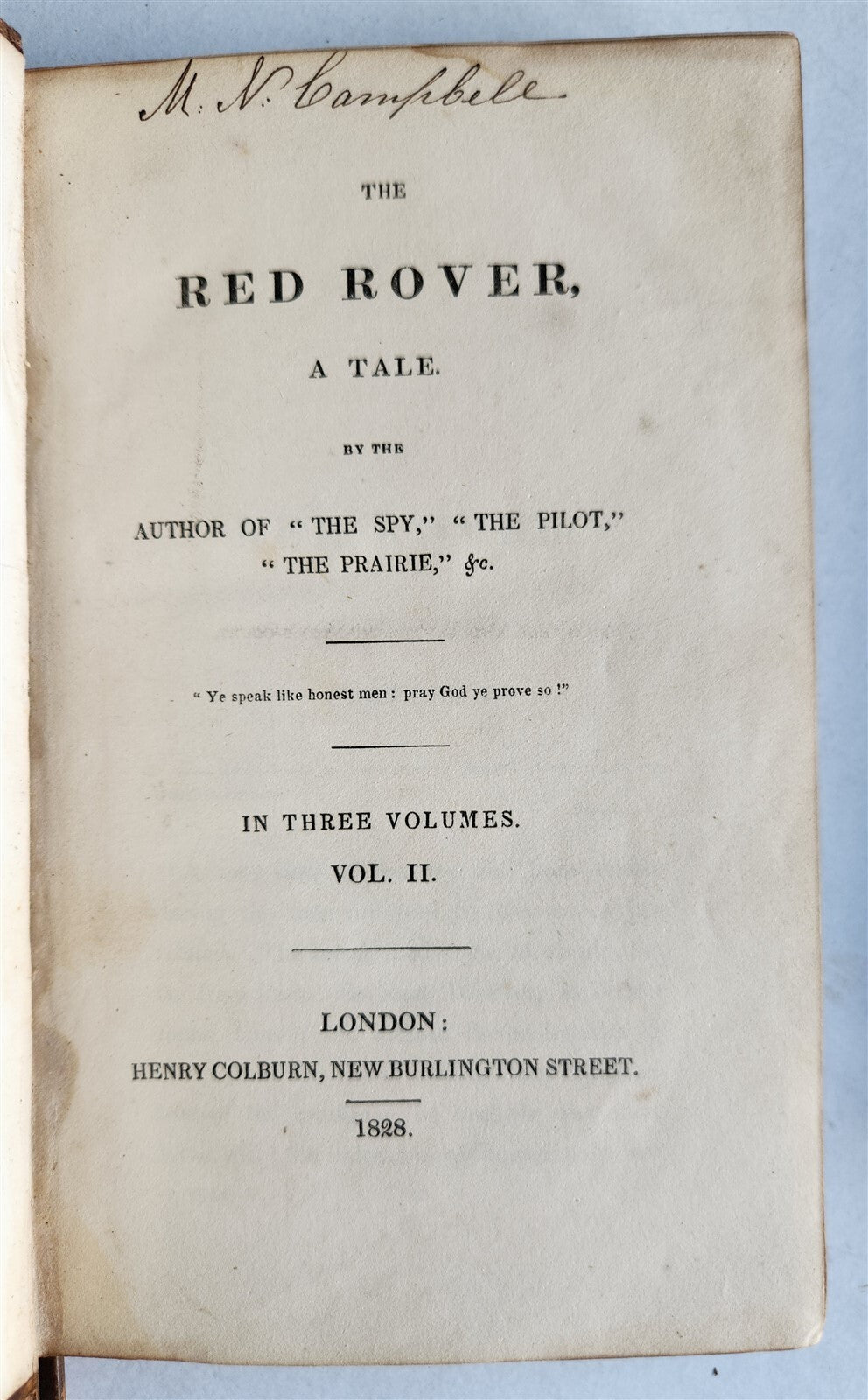 1828 JAMES FENIMORE COOPER ENGLISH EDITION THE RED ROVER A TALE antique 3 vols