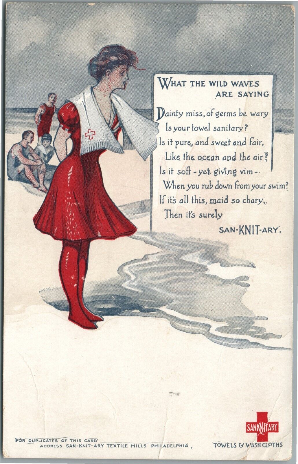 SANITARY RED CROSS BEACH GIRL ANTIQUE POSTCARD