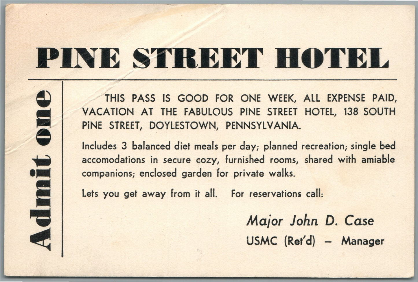 DOYLESTOWN PA PINE STREET HOTEL GUEST PASS