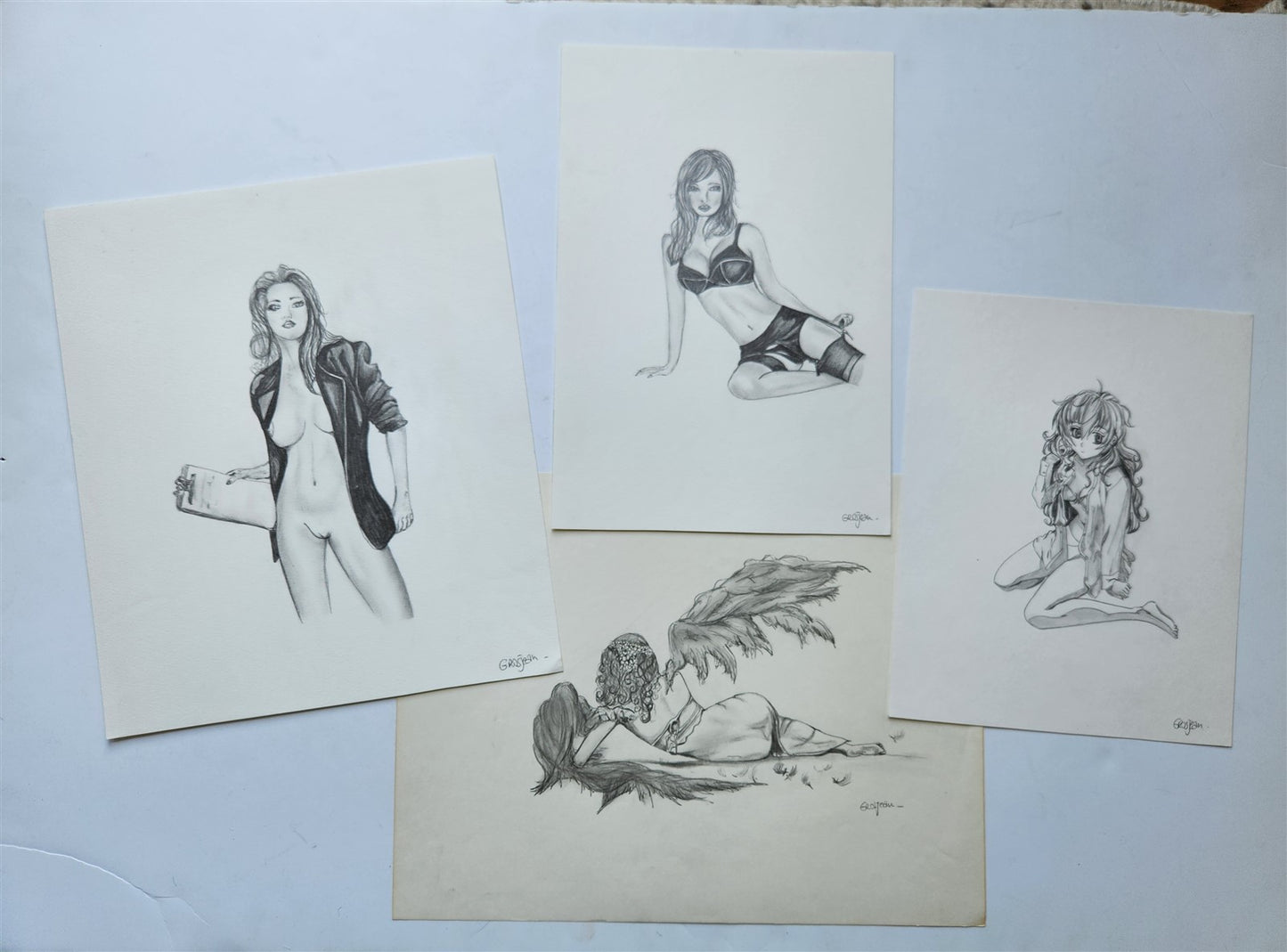 ILLUSTRATION ART FEMALE lot of 4 EROTIC PENCIL DRAWINGS vintage signed