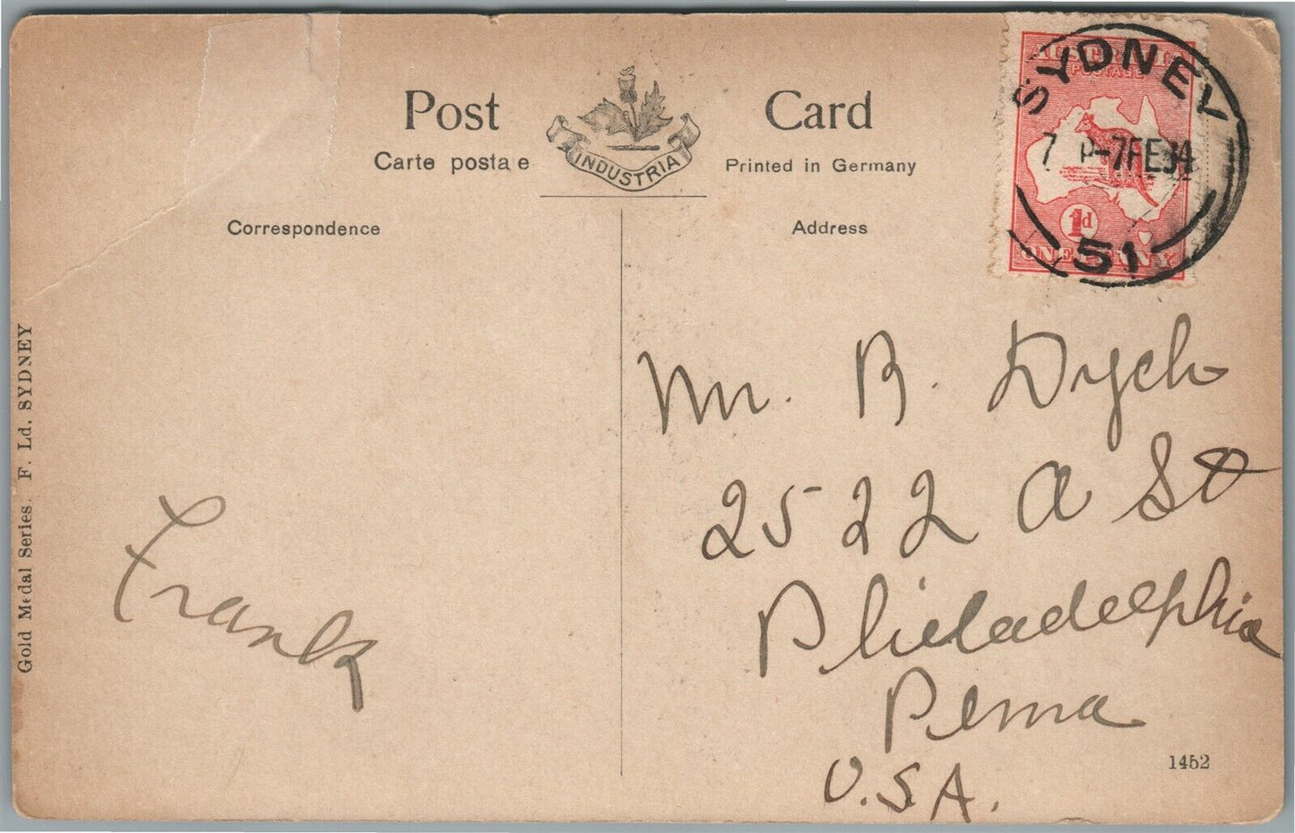 SYDNEY AUSTRALIA PITT STREET ANTIQUE POSTCARD w/ STAMP