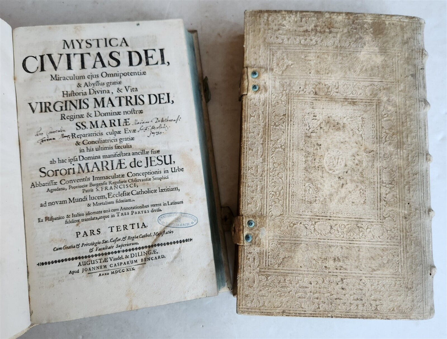1719 MYSTICA CIVITAS DEI 3 PIGSKIN BOUND FOLIOS antique