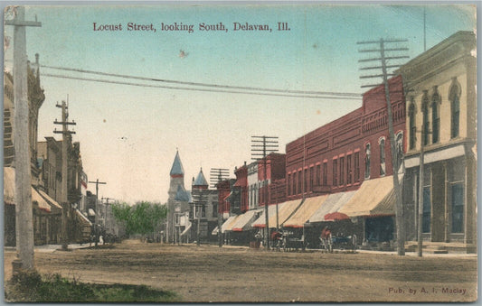 DELAVAN IL LOCUST STREET ANTIQUE POSTCARD