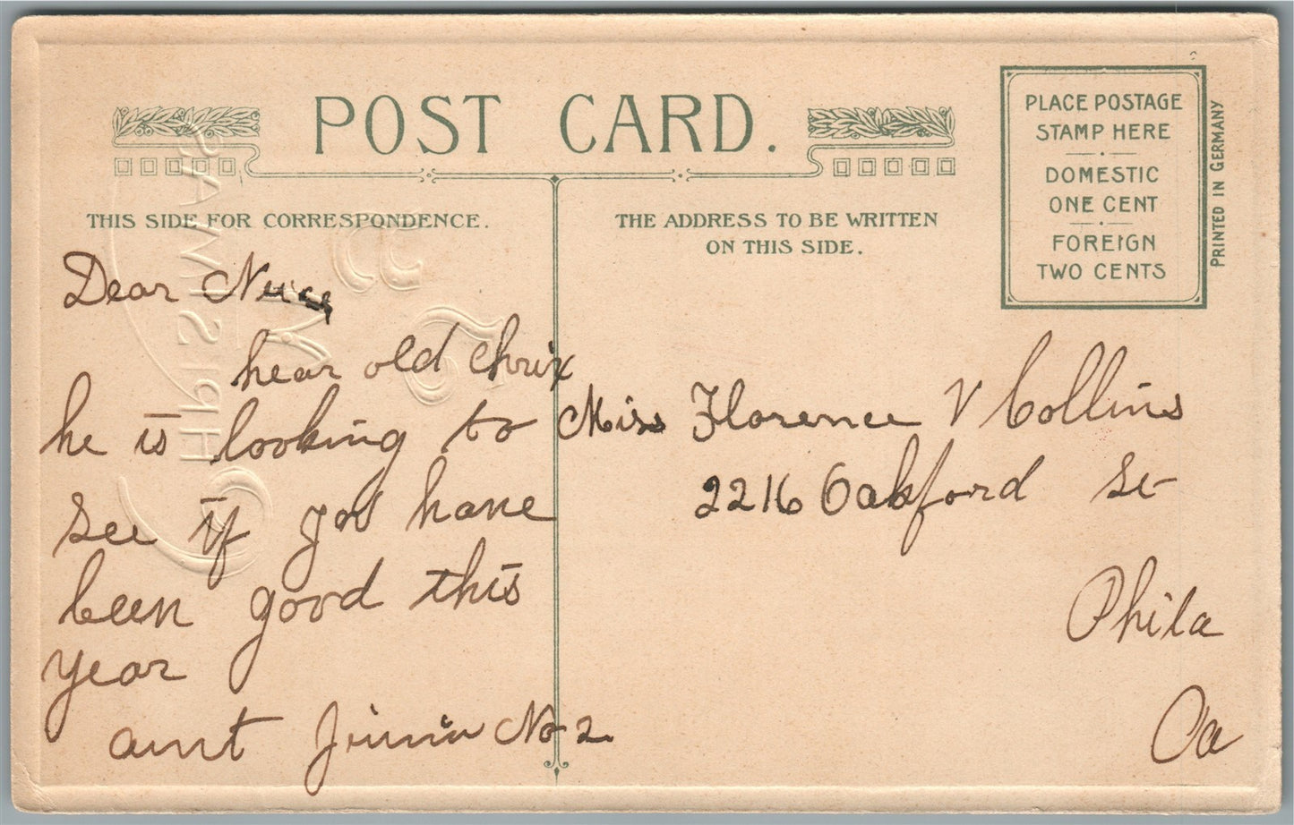 CHRISTMAS SANTA ANTIQUE POSTCARD by JOHN WINSCH 1912