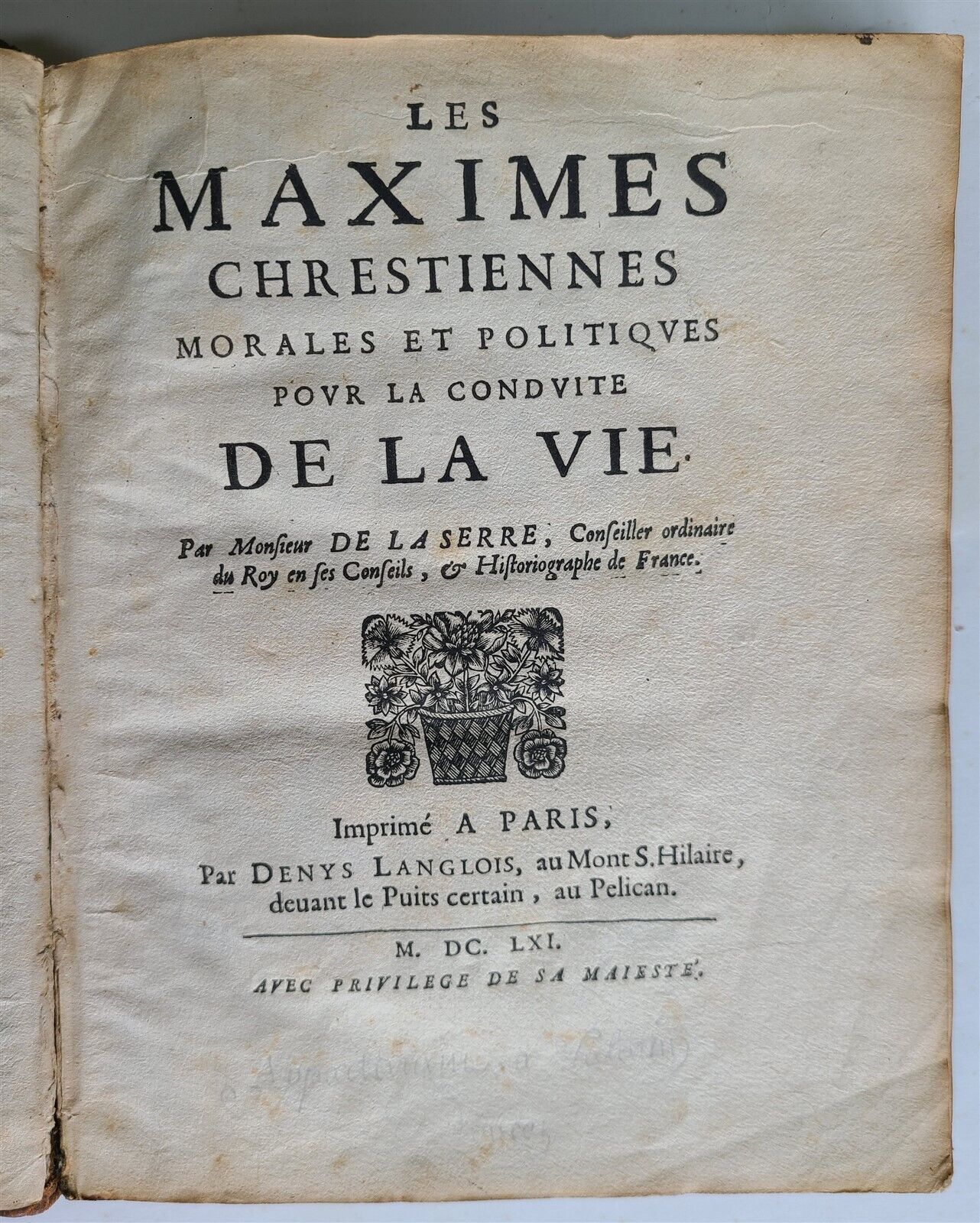 1661 AMAZING BINDING MORAL & POLITICAL MAXIMS by J.P. de la Serre FRENCH antique