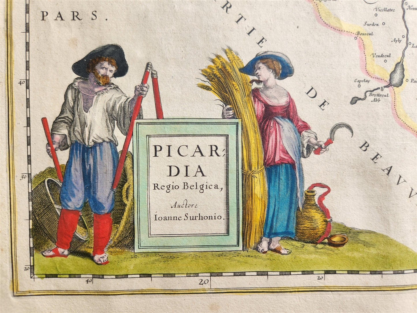 1640 MAP of PICARDIA FRANCE BELGIUM WILLEM BLAEU antique AUTHENTIC hand colored