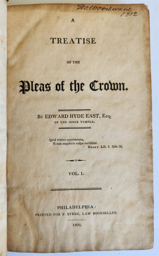 1806 TREATISE of PLEAS of the CROWN by EDWARD HYDE EAST antique AMERICANA Vol.I