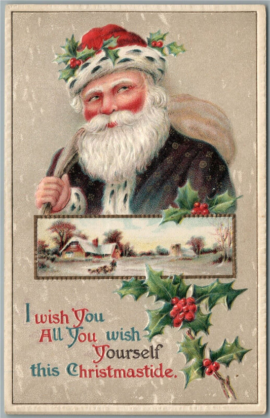 SANTA in BLACK ROBE MERRY CHRISTMAS EMBOSSED ANTIQUE POSTCARD